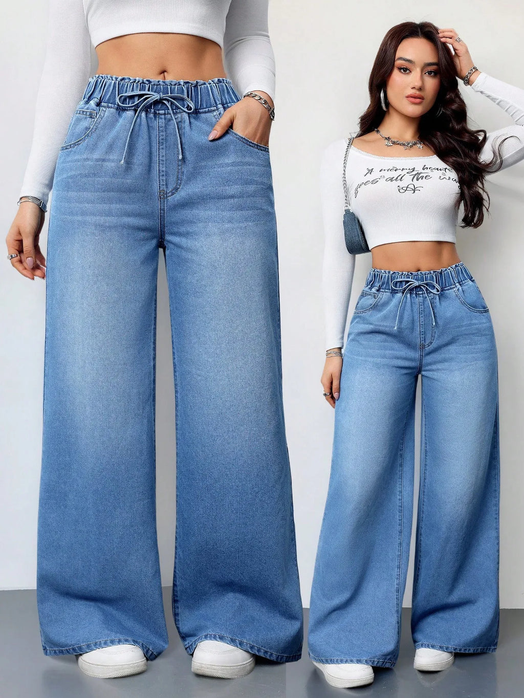 2026 New Women High Waist Drawstring Elastic Waist Washed Solid Color Wide Leg Long Pants Straight Loose Slimming Denim Pants