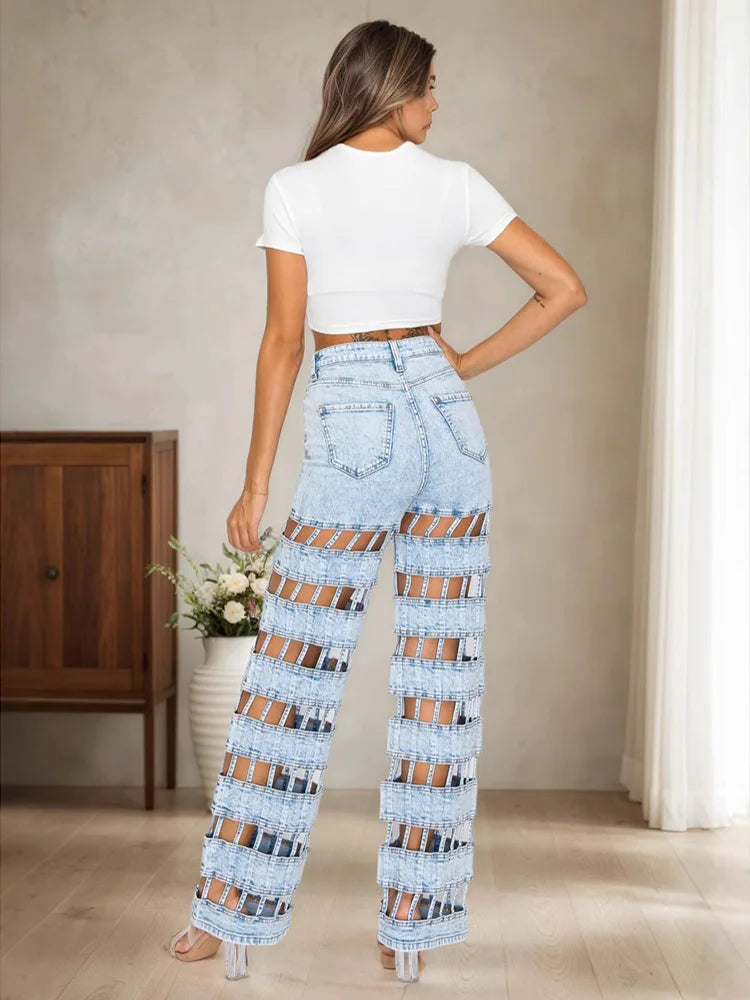 Fashion Hollow Out Denim Pants Woman Solid Color High Waist Wide Leg Jeans Female Streetwear Bottoms Summer 2025 New