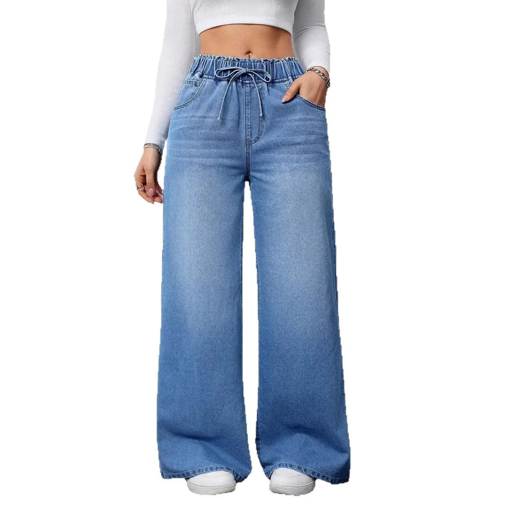 2026 New Women High Waist Drawstring Elastic Waist Washed Solid Color Wide Leg Long Pants Straight Loose Slimming Denim Pants
