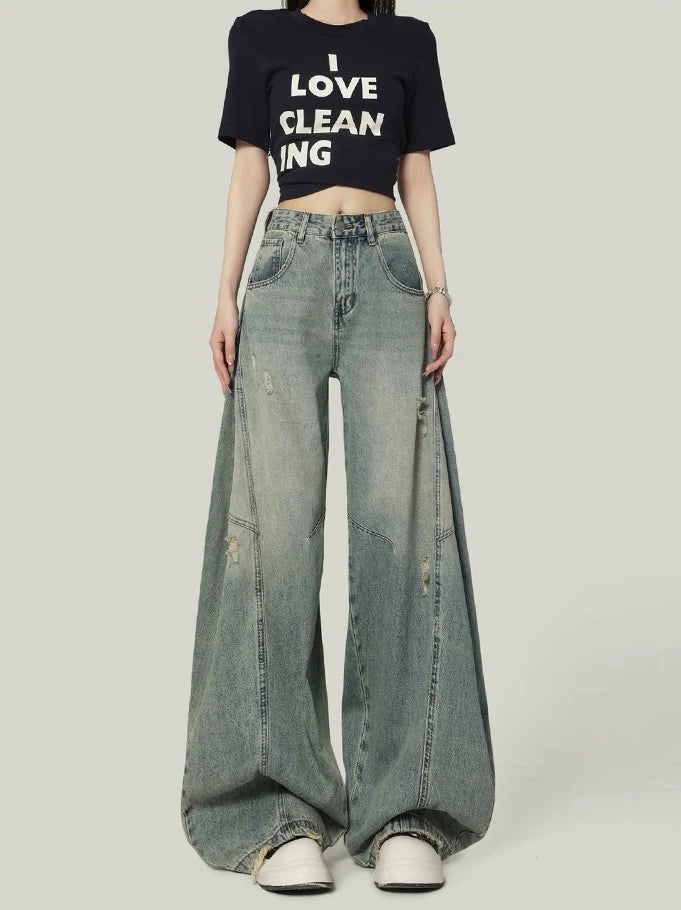 American High Street Retro Women Jeans Simple Basic High Waist Slim Woman Jeans Holes Casual Loose Chic Wide Leg Pants Female